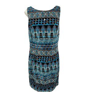 White House Black Market Dress Sleeveless Blue Black Tapestry Lined Polyester